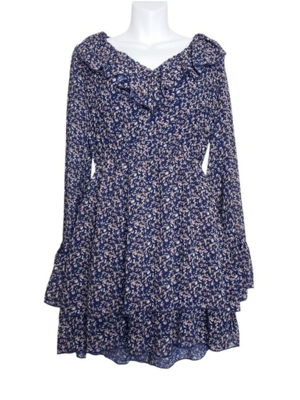 Urban Outfitters Blue Floral Print Long Sleeve Ruffle Mini Dress Women's Size XS